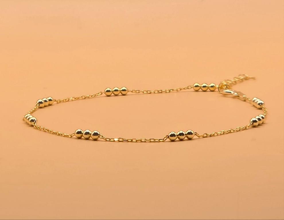 Bracelet de Cheville Élégant en Argent 925 Plaqué Or avec Perles Dorées