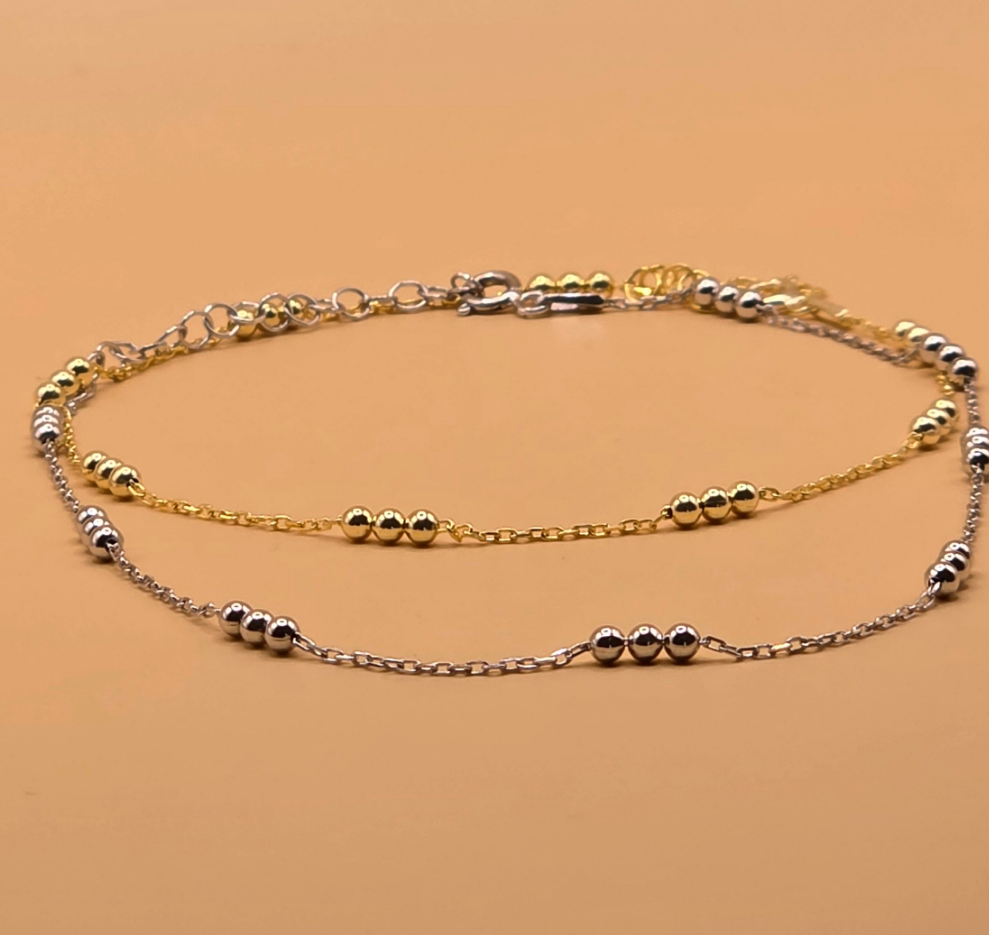 Bracelet de Cheville Élégant en Argent 925 Plaqué Or avec Perles Dorées