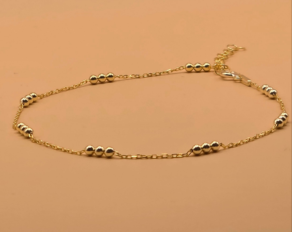 Bracelet de Cheville Élégant en Argent 925 Plaqué Or avec Perles Dorées