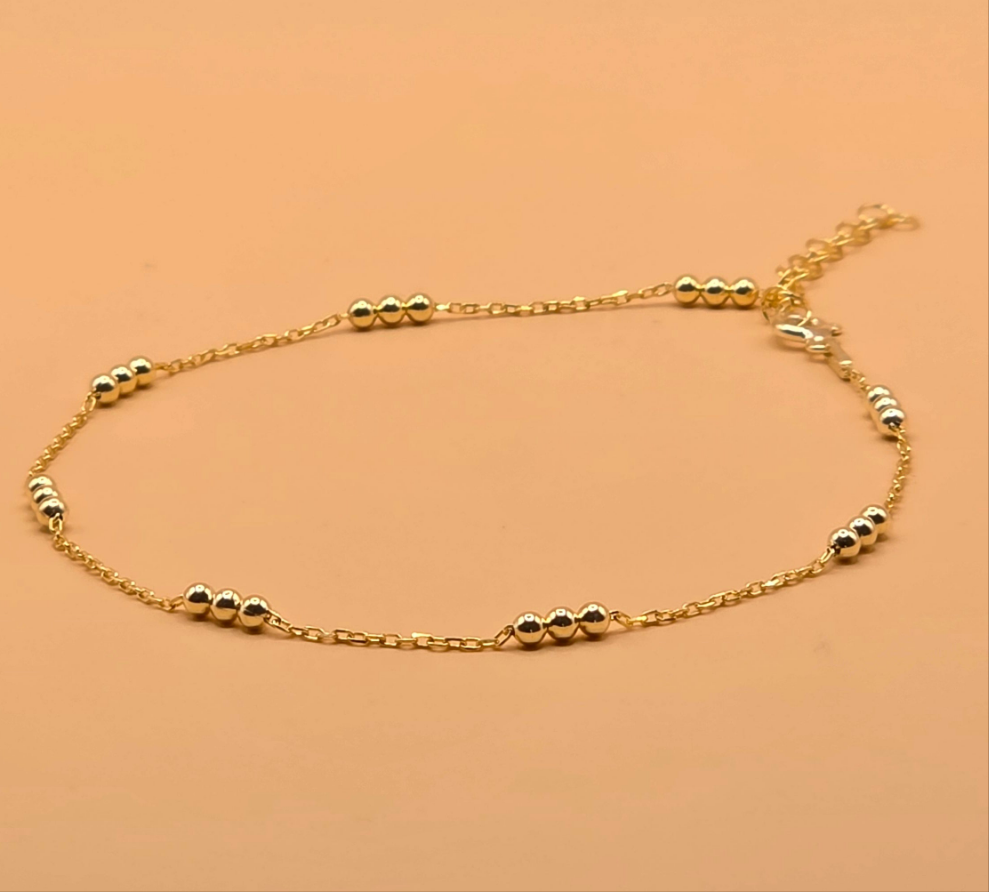 Bracelet de Cheville Élégant en Argent 925 Plaqué Or avec Perles Dorées