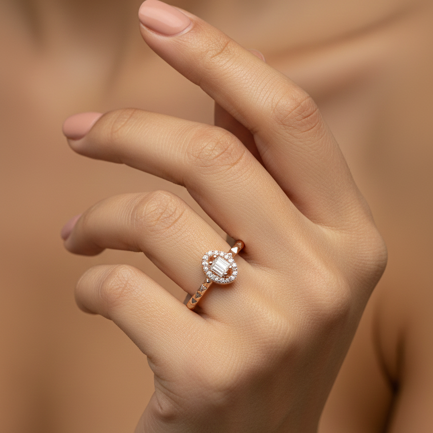 Bague Élégante en Or Rose avec Centre en Cristal