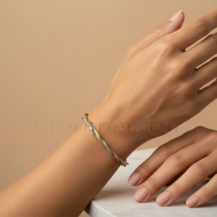 Bracelet Raffiné Argent 925 – Design Tressé Bicolore