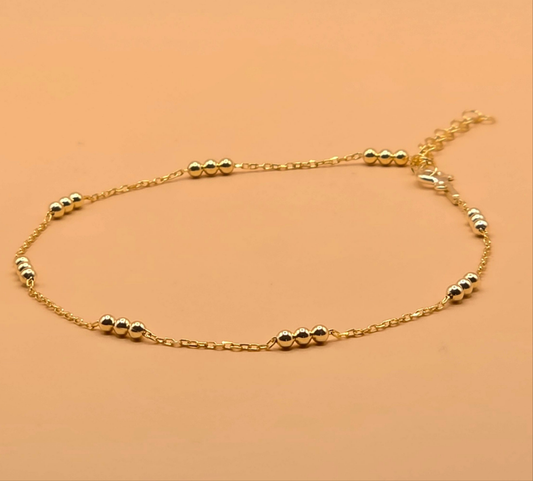 Bracelet de Cheville Élégant en Argent 925 Plaqué Or avec Perles Dorées