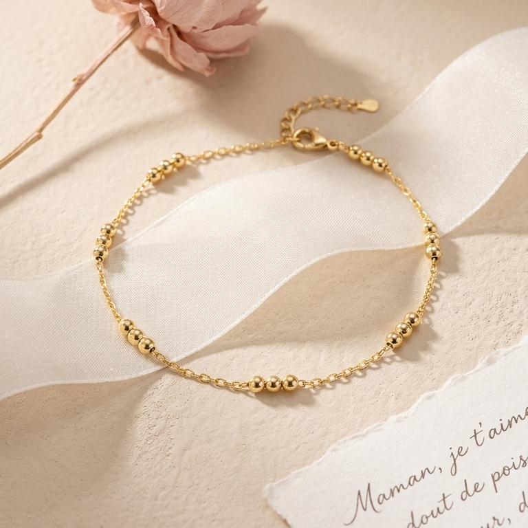 Bracelet de Cheville Élégant en Argent 925 Plaqué Or avec Perles Dorées