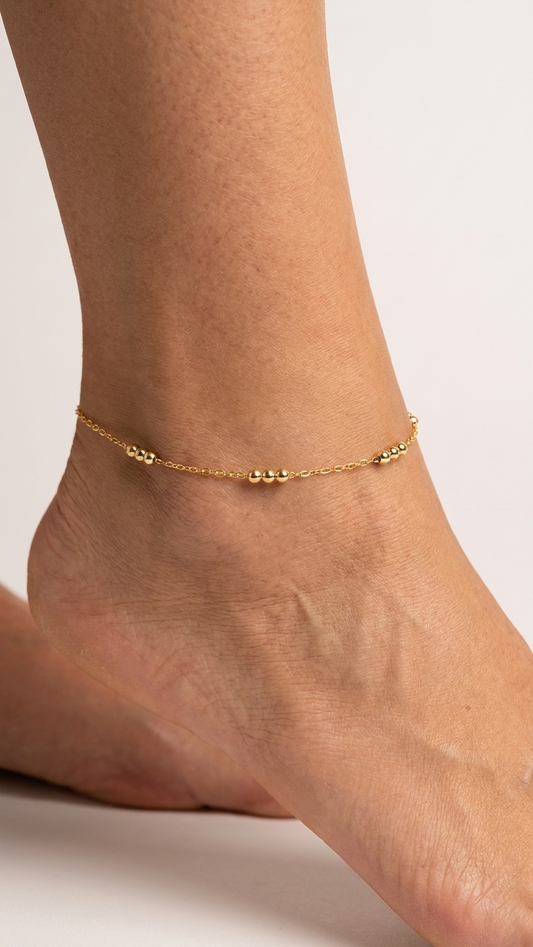 Bracelet de Cheville Élégant en Argent 925 Plaqué Or avec Perles Dorées
