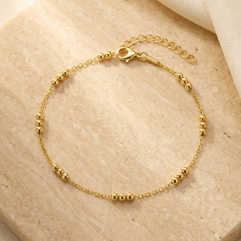 Bracelet de Cheville Élégant en Argent 925 Plaqué Or avec Perles Dorées
