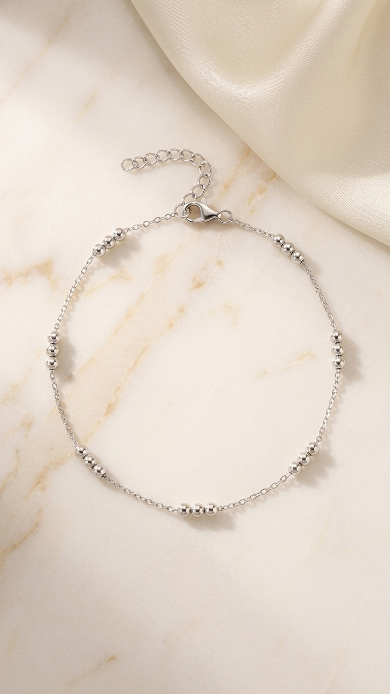 Bracelet de Cheville Élégant en Argent 925 avec Perles Argentées