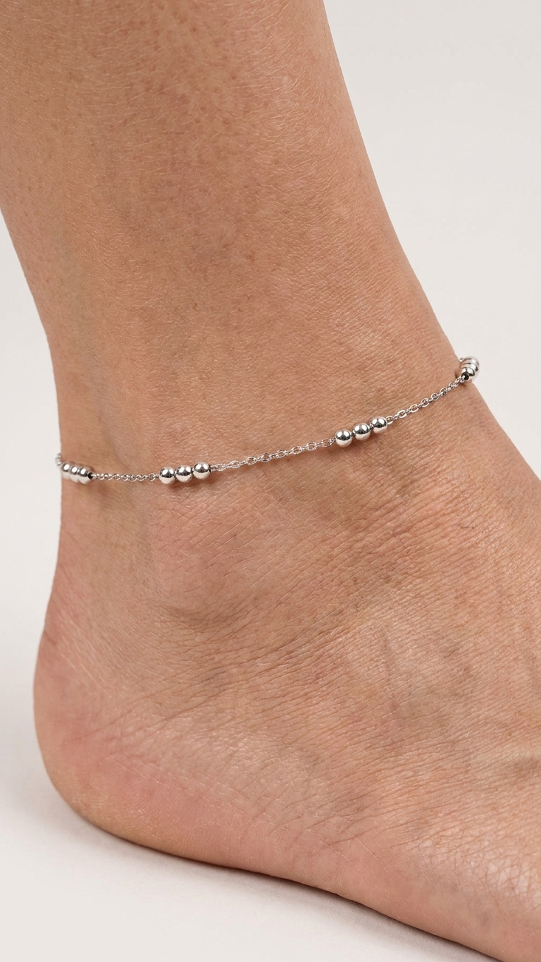 Bracelet de Cheville Élégant en Argent 925 avec Perles Argentées
